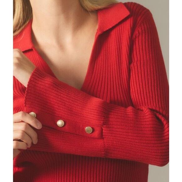 Anthropologie Maeve Polo Bell Sleeve Sweater •M• Long Ribbed Red Holiday Button - Picture 2 of 13